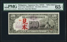 Philippines Japanese Government 500 Pesos ND 1944) Pick 114s2 Specimen PMG Gem Uncirculated 65 EPQ. A perfectly preserved Specimen issued for the Phil...
