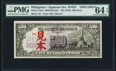 Philippines Japanese Government 500 Pesos ND (1944) Specimen PMG Choice Uncirculated 64 EPQ. An amazingly rare Specimen that is seldom, if ever encoun...