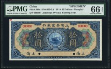 China American-Oriental Banking Corporation, Shanghai 10 Dollars 16.9.1919 Pick S98s S/M#S53 Specimen PMG Gem Uncirculated 66 EPQ. Tied atop the PMG P...