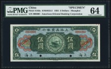 China American-Oriental Banking Corporation, Shanghai 5 Dollars 16.9.1924 Pick S102s S/M#S53-2 Specimen PMG Choice Uncirculated 64. A beautiful and sc...
