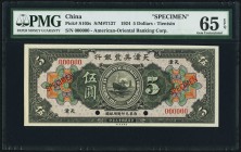 China American Oriental Banking Corporation, Tientsin 5 Dollars 16.9.1924 Pick S105s S/M#T127 Specimen PMG Gem Uncirculated 65 EPQ. A Tientsin branch ...