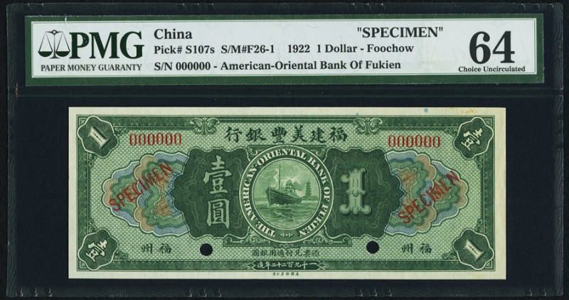 China American Oriental Bank of Fukien, Foochow 1 Dollar 1922 Pick S107s S/M#F26...