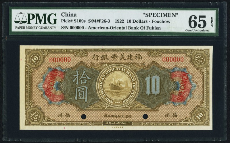 China American Oriental Bank of Fukien, Foochow 10 Dollars 16.9.1922 Pick S109s ...