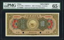 China American Oriental Bank of Fukien, Foochow 10 Dollars 16.9.1922 Pick S109s S/M#F26-3 Specimen PMG Gem Uncirculated 65 EPQ. A scarce denomination,...