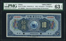 China American Oriental Bank of Szechuen, Chungking 10 Dollars 16.9.1922 Pick S110Bs S/M#S101-3 Specimen PMG Choice Uncirculated 63 EPQ. A seldom seen...