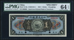 China American Oriental Bank of Szechuen, Chungking 1 Dollar 16.9.1922 Pick S110s S/M#S101-1 Specimen PMG Choice Uncirculated 64 EPQ. Simply beautiful...