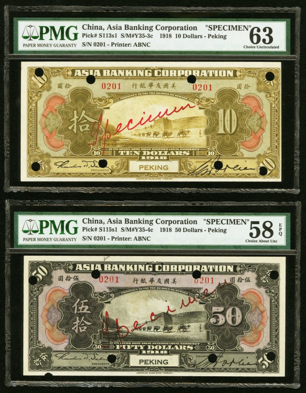 China Asia Banking Corporation 10; 50 Dollars 1918 Picks S113s1; S115s1 Specimen...