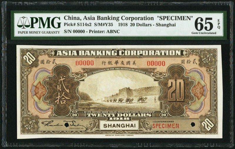 China Asia Banking Corporation 20 Dollars 1918 Pick S114s2 S/M#Y35 Specimen PMG ...