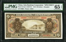 China Asia Banking Corporation 20 Dollars 1918 Pick S114s2 S/M#Y35 Specimen PMG Gem Uncirculated 65 EPQ. A beautiful and rare denomination which is on...