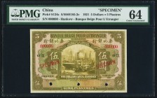 China Banque Belge Pour l'Etranger, Hankow 5 Dollars = 5 Piastres 1.7.1921 Pick S124s S/M#H185-2c Specimen PMG Choice Uncirculated 64. An always popul...