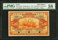 China Banque Belge Pour l'Etranger, Peking 10 Dollars = 10 Piastres 1921 Pick S129s S/M#H185-3d Specimen PMG Choice About Unc 58. Brilliant orange ink...