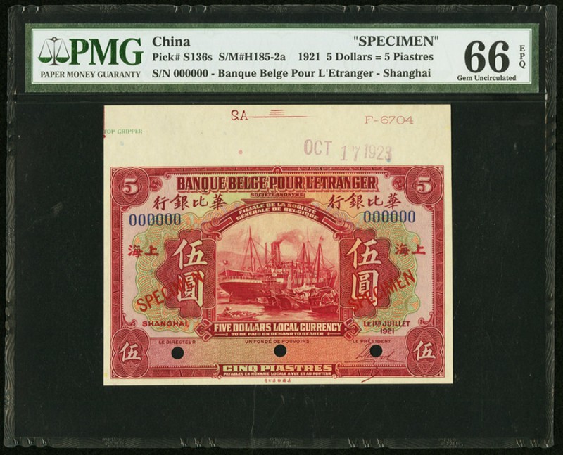 China Banque Belge Pour l'Etranger, Shanghai 5 Dollars = 5 Piastres 1.7.1921 Pic...