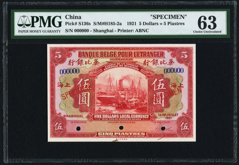 China Banque Belge Pour l'Etranger, Shanghai 5 Dollars = 5 Piastres 1.7.1921 Pic...