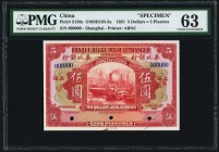 China Banque Belge Pour l'Etranger, Shanghai 5 Dollars = 5 Piastres 1.7.1921 Pick S136s S/M#H185-2a Specimen PMG Choice Uncirculated 63. A beautiful e...