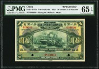 China Banque Belge Pour l'Etranger, Shanghai 10 Dollars = 10 Piastres 1.7.1921 Pick S137s S/M#H185-3a Specimen PMG Gem Uncirculated 65 EPQ. An impress...
