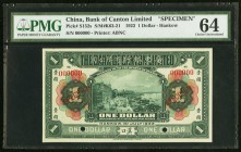 China Bank of Canton Limited, Hankow 1 Dollar 1.7.1922 Pick S152s S/M#K63-21 Specimen PMG Choice Uncirculated 64. Visually appealing and very rare, th...