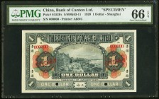 China Bank of Canton Limited, Shanghai 1 Dollar 1.1.1920 Pick S153Fs S/M#K63-11 Specimen PMG Gem Uncirculated 66 EPQ. Simply stunning, this very rare ...