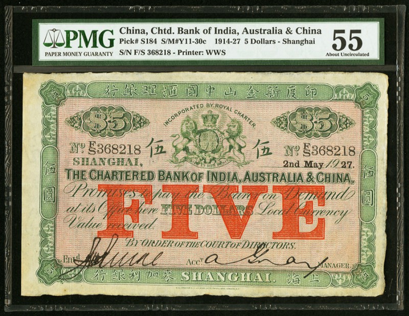 China Chartered Bank of India, Australia & China, Shanghai 5 Dollars 2.5.1927 Pi...