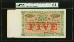 China Chartered Bank of India, Australia & China, Shanghai 5 Dollars 1.7.1921 Pick S184r S/M#Y11-30c Remainder PMG Choice Uncirculated 64. An impressi...
