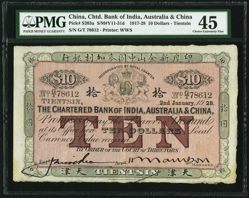 China Chartered Bank of India, Australia & China, Tientsin 10 Dollars 2.1.1928 P...