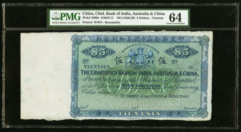 China Chartered Bank of India, Australia & China, Tientsin 5 Dollars ND (1920-29...