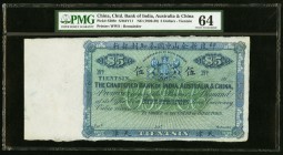 China Chartered Bank of India, Australia & China, Tientsin 5 Dollars ND (1920-29) Pick S208r S/M#Y11 Remainder PMG Choice Uncirculated 64. A splendid,...