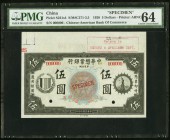 China Chinese American Bank of Commerce 5 Dollars 1920 Pick S231s4 S/M#C271-3.5 Specimen PMG Choice Uncirculated 64. A broad top margin is seen on thi...