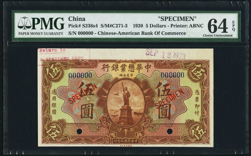 China Chinese American Bank of Commerce 5 Dollars 1920 Pick S236s4 S/M#C271-3 Sp...