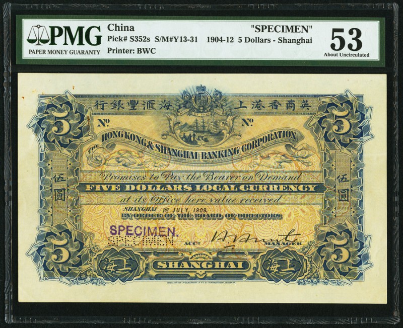 China Hongkong & Shanghai Banking Corporation, Shanghai 5 Dollars 1.7.1909 Pick ...