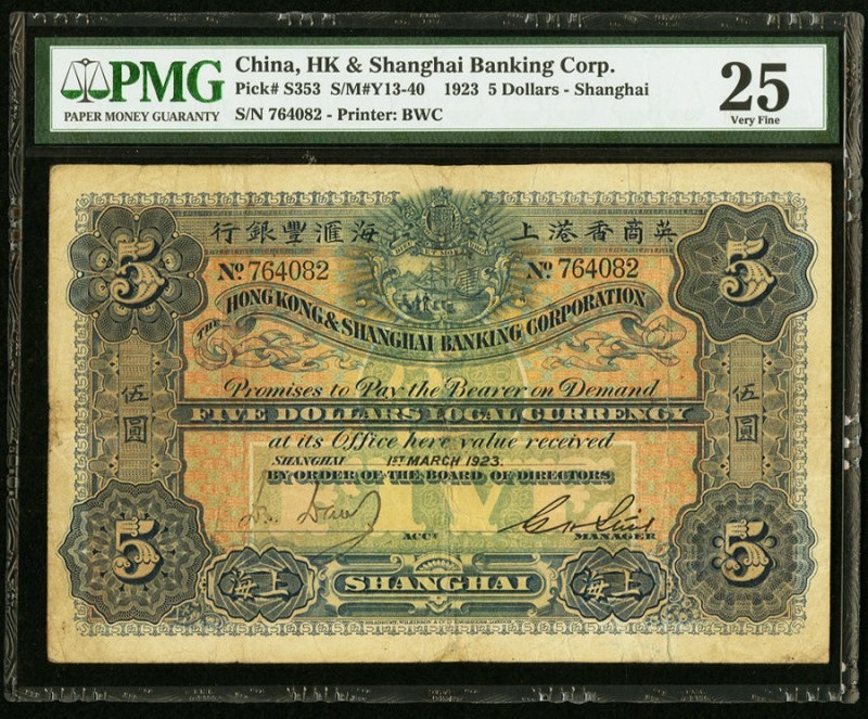 China Hongkong & Shanghai Banking Corporation, Shanghai 5 Dollars 1.3.1923 Pick ...