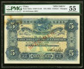 China Hongkong & Shanghai Banking Corporation, Shanghai 5 Dollars 1.3.1923 Pick S353s S/M#Y13-40 Specimen PMG About Uncirculated 55. Scarce in this fo...