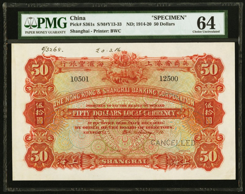 China Hongkong & Shanghai Banking Corporation, Shanghai 50 Dollars ND (1914-20) ...