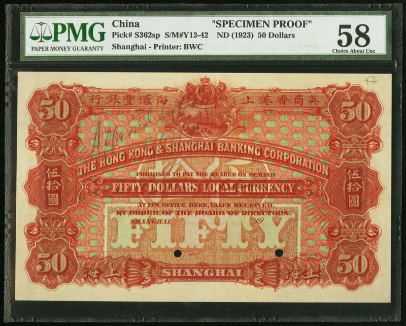 China Hongkong & Shanghai Banking Corporation 50 Dollars ND (1923) Pick S362sp S...