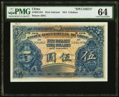 China Banque Industrielle de Chine 5 Dollars 1914 Pick Unlisted S/M#C254 Specimen PMG Choice Uncirculated 64. A design that is family to most collecto...