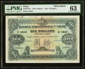 China Banque Industrielle de Chine 10 Dollars 1918 Pick Unlisted S/M#C254 Specimen PMG Choice Uncirculated 63. A higher denomination Specimen that is ...