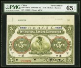 China International Banking Corporation, Hankow 5 Dollars 1.7.1918 Pick S407s S/M#M10-41a Specimen PMG Gem Uncirculated 65 EPQ. A grandly sized exampl...