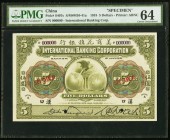 China International Banking Corporation, Hankow 5 Dollars 1.7.1918 Pick S407s S/M#M10-41a Specimen PMG Choice Uncirculated 64. A pretty Specimen, with...