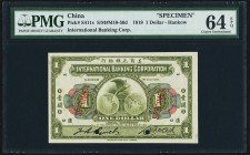 China International Banking Corporation, Hankow 1 Dollar 1.7.1919 Pick S411s S/M#M10-50d Specimen PMG Choice Uncirculated 64 EPQ. A wonderful small de...
