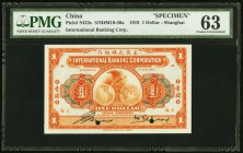 China International Banking Corporation, Shanghai 1 Dollar 1.7.1919 Pick S423s S/M#M10-50a Specimen PMG Choice Uncirculated 63. A pretty initial denom...