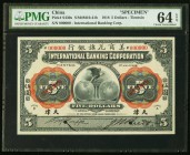 China International Banking Corporation, Tientsin 5 Dollars 1.7.1918 Pick S430s S/M#M10-41b Specimen PMG Choice Uncirculated 64 EPQ. Golden inks on th...