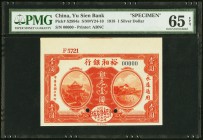 China Yu Sien Bank 1 Silver Dollar 15.7.1918 Pick S2994s S/M#Y24-10 Specimen PMG Gem Uncirculated 65 EPQ. A heavily embossed example designed and prin...