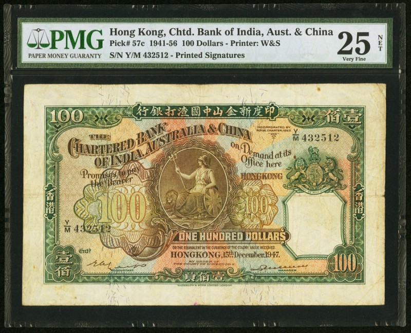 Hong Kong Chartered Bank of India, Australia & China 100 Dollars 15.12.1947 Pick...