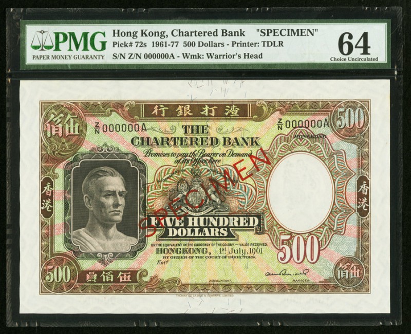 Hong Kong Chartered Bank 500 Dollars 1.7.1961 Pick 72s Specimen PMG Choice Uncir...