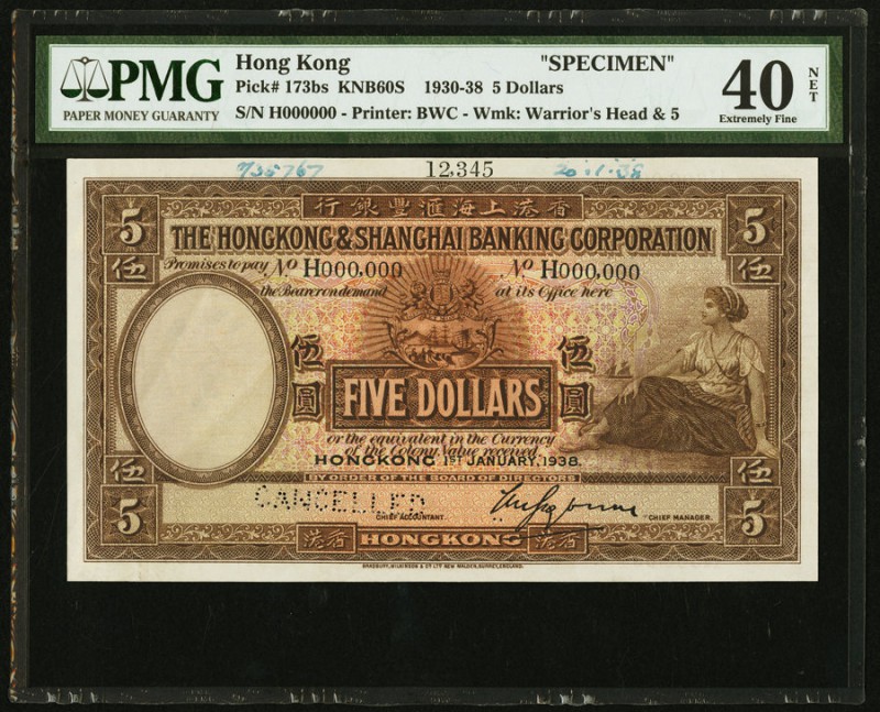 Hong Kong Hongkong & Shanghai Banking Corp. 5 Dollars 1.1.1938 Pick 173bs Specim...