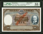Hong Kong Hongkong & Shanghai Banking Corp. 500 Dollars ND (1935-69) Pick 179s KNB71s Specimen PMG About Uncirculated 55 EPQ. A well preserved Specime...