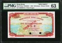 Hong Kong Mercantile Bank Ltd. 100 Dollars 28.7.1964 Pick 244as KNB20S1 Specimen PMG Choice Uncirculated 63. A rare date and type in any format, and e...