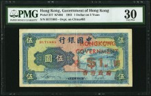 Hong Kong Government of Hong Kong 1 Dollar on 5 Yüan 1941 Pick 317 KNB6 PMG Very Fine 30. A popular WWII issue, created for Hong Kong and circulating ...