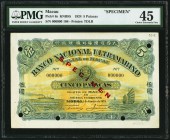 Macau Banco Nacional Ultramarino 5 Patacas 1.1.1924 Pick 8s KNB9s Specimen PMG Choice Extremely Fine 45. A visually stunning and grandly sized Specime...