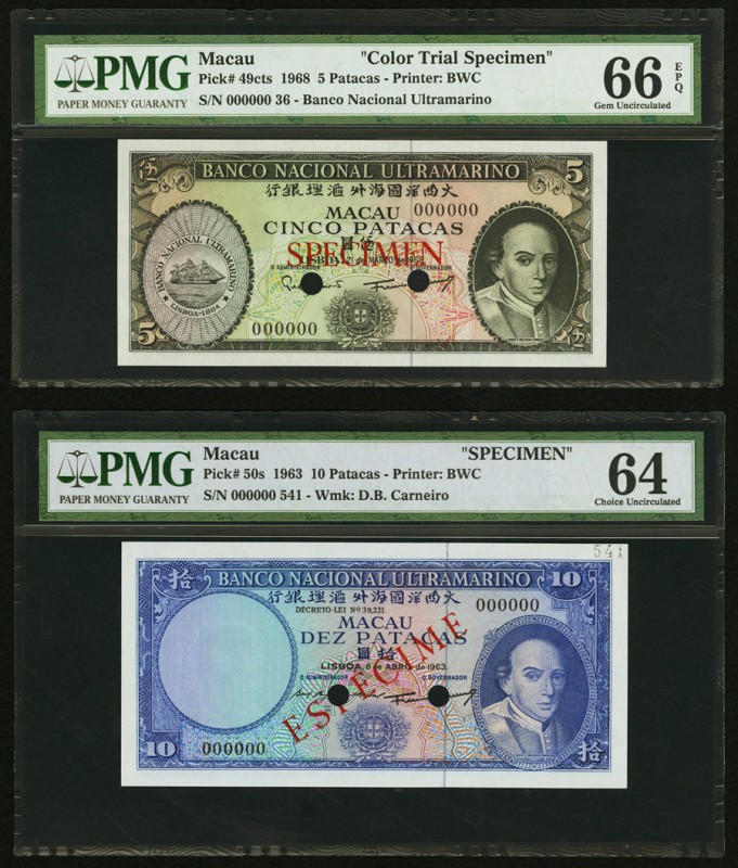 Macau Banco Nacional Ultramarino 5 Patacas 21.3.1968 Pick 49cts Color Trial Spec...