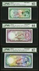 Macau Banco Nacional Ultramarino 5; 50, 100 Patacas 8.8.1981 Picks 58s; 60s2; 61s1 Trio of Specimens PMG Gem Uncirculated 65 EPQ; Choice Uncirculated ...
